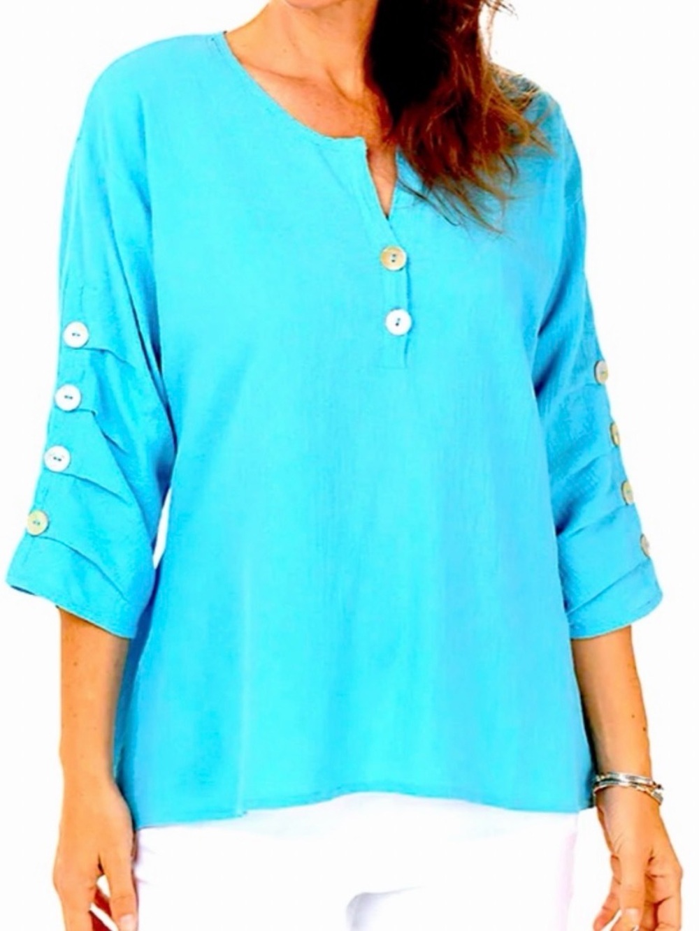 Anthony’s Resort Wear Aqua Triple Button Sleeve 100% Cotton Gauze Crinkle Top M
